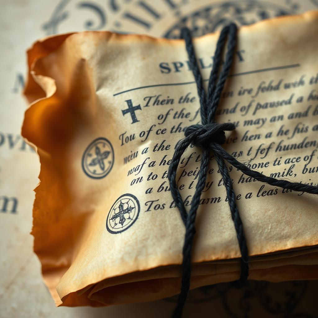 A detailed close-up of a spell parchment, beautifully aged and slightly curled at the edges, showcasing intricate, arcane writing and mystical symbols