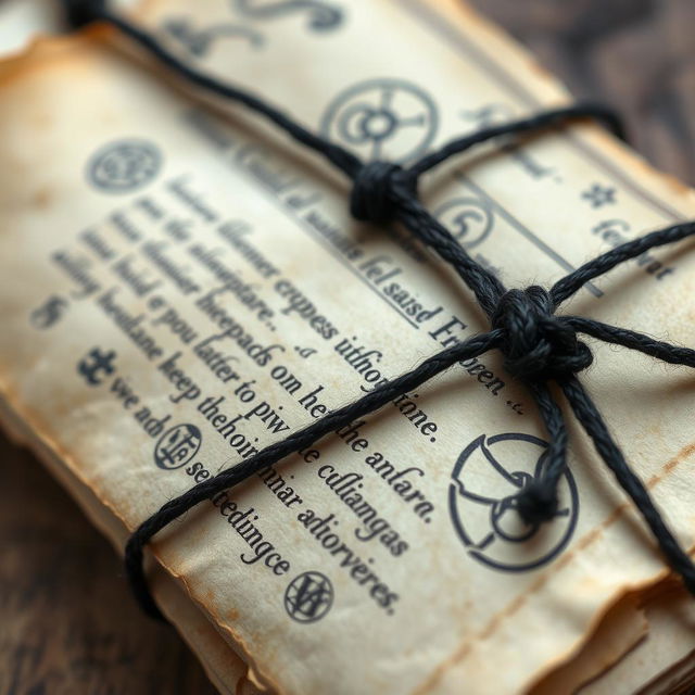 A detailed close-up of a spell parchment, beautifully aged and slightly curled at the edges, showcasing intricate, arcane writing and mystical symbols