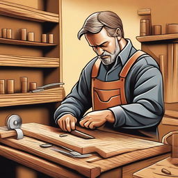 A high-quality digital art illustration showcasing a carpenter at work