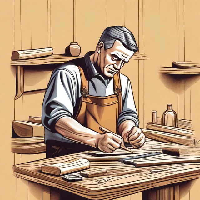 A high-quality digital art illustration showcasing a carpenter at work