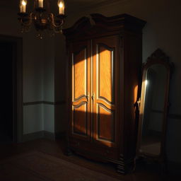 A beautifully crafted wardrobe standing tall in a dimly lit room, the wood rich with age and a deep mahogany color