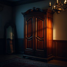A beautifully crafted wardrobe standing tall in a dimly lit room, the wood rich with age and a deep mahogany color