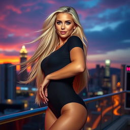 A captivating and alluring blonde woman with long flowing hair, dressed in a stylish and form-fitting outfit that accentuates her curves