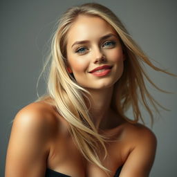 A beautiful blonde woman with long flowing hair and a playful expression, posing naturally in an artistic and elegant manner
