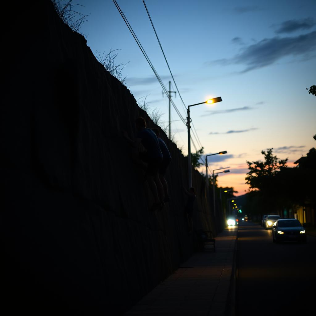 A contemplative scene of a quiet street at dusk, featuring a group of athletes engaged in a unique street bouldering competition, resembling an 'Olympiade batu'