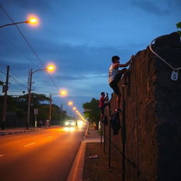 A contemplative scene of a quiet street at dusk, featuring a group of athletes engaged in a unique street bouldering competition, resembling an 'Olympiade batu'