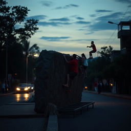 A contemplative scene of a quiet street at dusk, featuring a group of athletes engaged in a unique street bouldering competition, resembling an 'Olympiade batu'