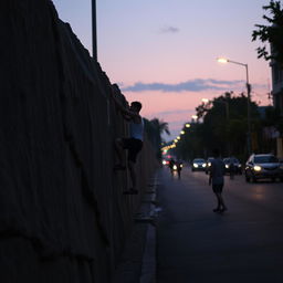 A contemplative scene of a quiet street at dusk, featuring a group of athletes engaged in a unique street bouldering competition, resembling an 'Olympiade batu'