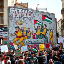 A powerful street mural depicting the 'Olympiade batu' representing the Palestinian people's struggle against oppression