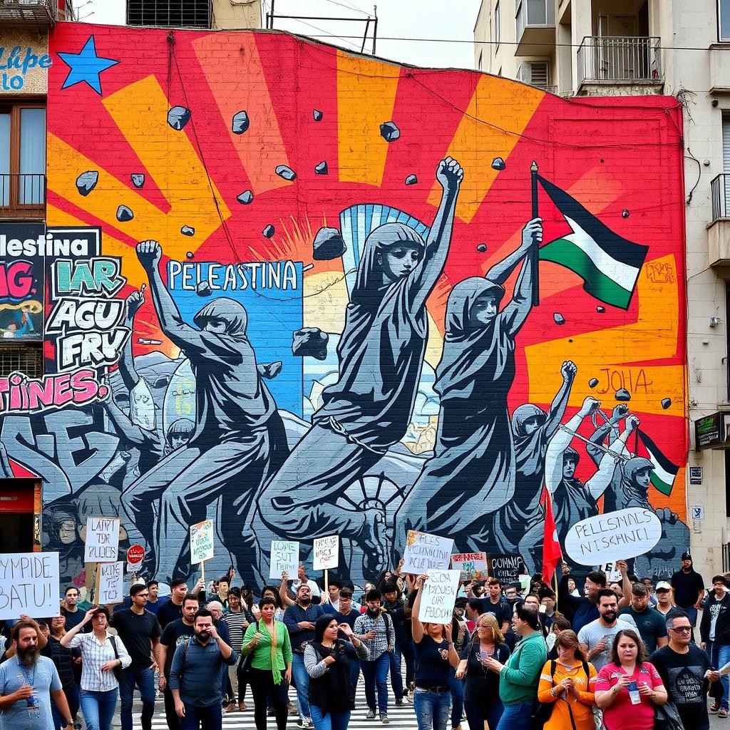 A powerful street mural depicting the 'Olympiade batu' representing the Palestinian people's struggle against oppression