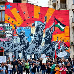 A powerful street mural depicting the 'Olympiade batu' representing the Palestinian people's struggle against oppression