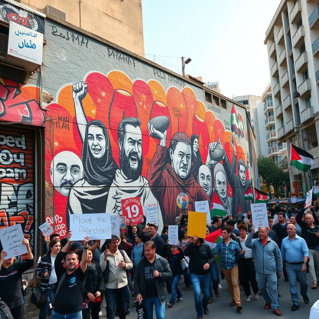 A powerful street mural depicting the 'Olympiade batu' representing the Palestinian people's struggle against oppression