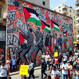 A powerful street mural depicting the 'Olympiade batu' representing the Palestinian people's struggle against oppression
