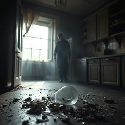 A broken glass on a kitchen floor, shards scattered, with a spooky atmosphere surrounding