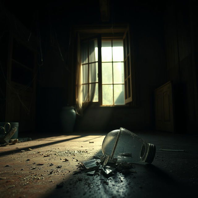 A broken glass on a kitchen floor, shards scattered, with a spooky atmosphere surrounding