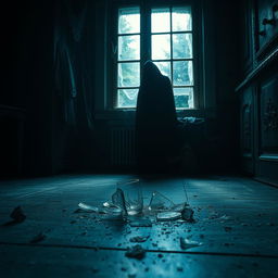 A broken glass on a kitchen floor, shards scattered, with a spooky atmosphere surrounding
