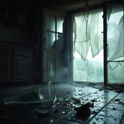 A broken glass on a kitchen floor, shards scattered, with a spooky atmosphere surrounding