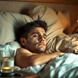 A 25-year-old man lying in bed with a fever, sweaty and tired, with a concerned expression