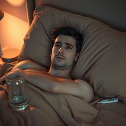 A 25-year-old man lying in bed with a fever, sweaty and tired, with a concerned expression