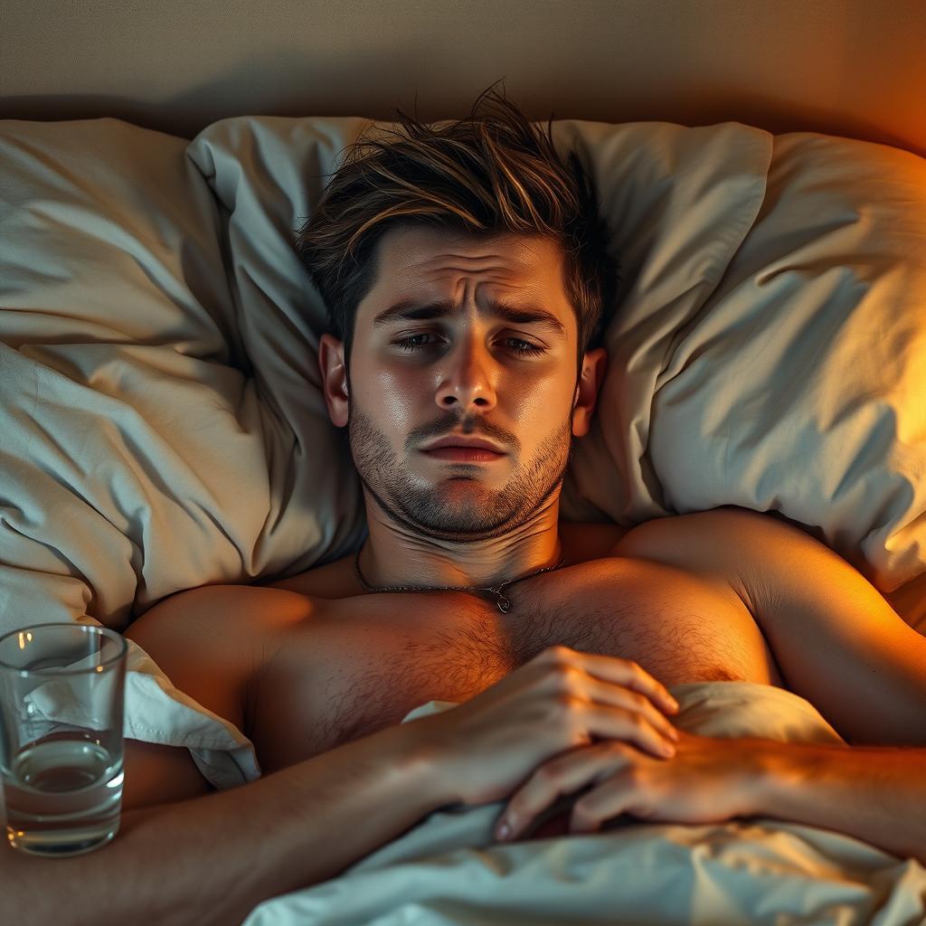 A 25-year-old man lying in bed with a fever, sweaty and tired, with a concerned expression