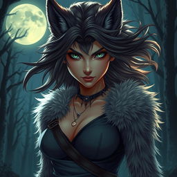 A captivating 21-year-old female werewolf with striking green eyes, embodying confidence as she roams the night