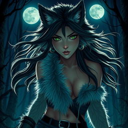 A captivating 21-year-old female werewolf with striking green eyes, embodying confidence as she roams the night