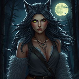 A captivating 21-year-old female werewolf with striking green eyes, embodying confidence as she roams the night