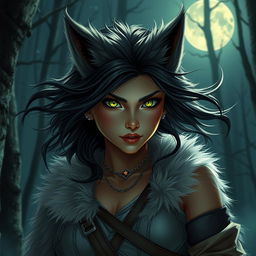 A captivating 21-year-old female werewolf with striking green eyes, embodying confidence as she roams the night