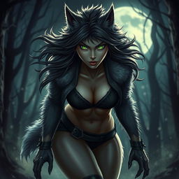 A fierce and enchanting 21-year-old female werewolf with bright green eyes, confidently roaming the night