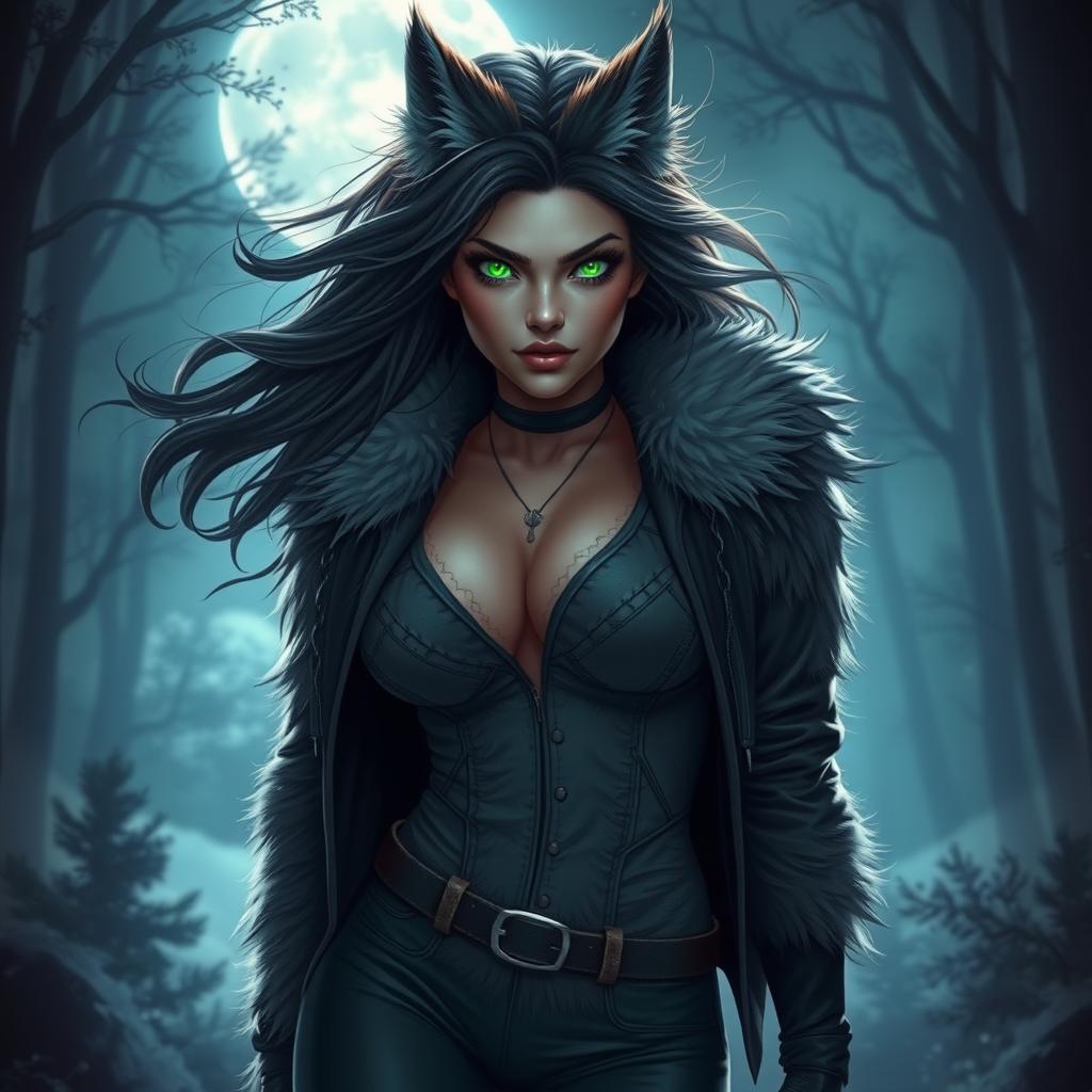 A fierce and enchanting 21-year-old female werewolf with bright green eyes, confidently roaming the night