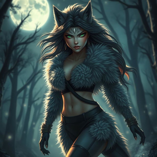 A fierce and enchanting 21-year-old female werewolf with bright green eyes, confidently roaming the night