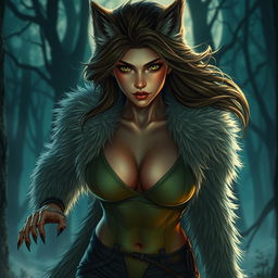A fierce and enchanting 21-year-old female werewolf with bright green eyes, confidently roaming the night