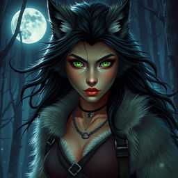 A fierce and alluring 21-year-old female werewolf with vibrant green eyes, embodying a sense of fearless adventure under the moonlight