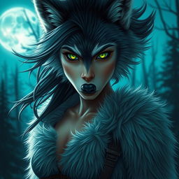 A fierce and alluring 21-year-old female werewolf with vibrant green eyes, embodying a sense of fearless adventure under the moonlight