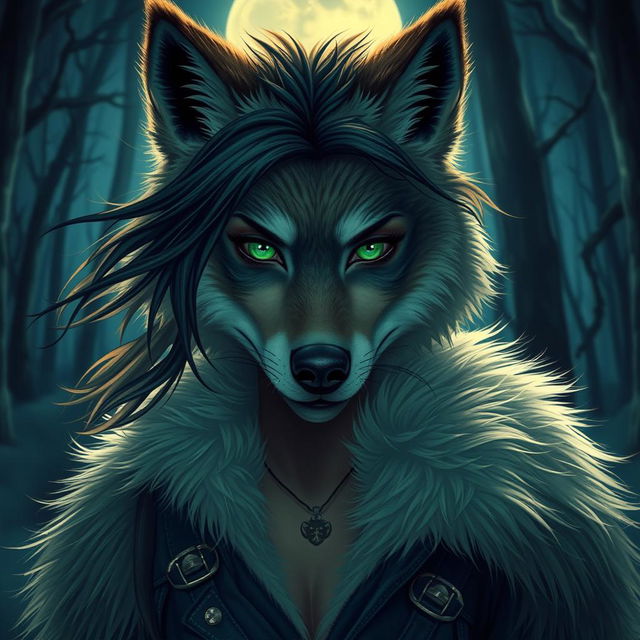 A fierce and alluring 21-year-old female werewolf with vibrant green eyes, embodying a sense of fearless adventure under the moonlight