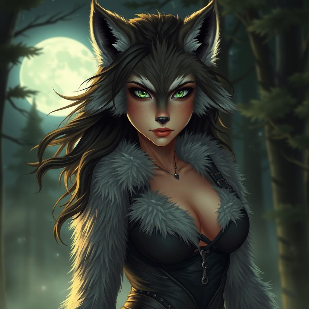 A fierce and alluring 21-year-old female werewolf with vibrant green eyes, embodying a sense of fearless adventure under the moonlight