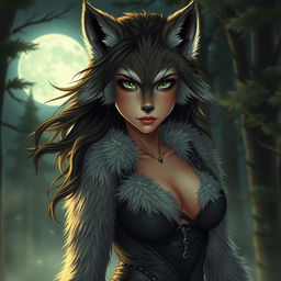 A fierce and alluring 21-year-old female werewolf with vibrant green eyes, embodying a sense of fearless adventure under the moonlight