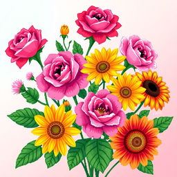 A vibrant, intricate pixel art floral design featuring a variety of blooming flowers such as roses, daisies, and sunflowers, rendered in a colorful and detailed style