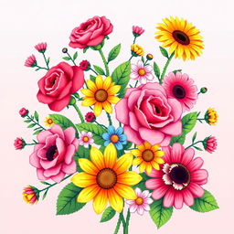 A vibrant, intricate pixel art floral design featuring a variety of blooming flowers such as roses, daisies, and sunflowers, rendered in a colorful and detailed style