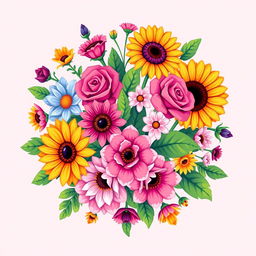 A vibrant, intricate pixel art floral design featuring a variety of blooming flowers such as roses, daisies, and sunflowers, rendered in a colorful and detailed style