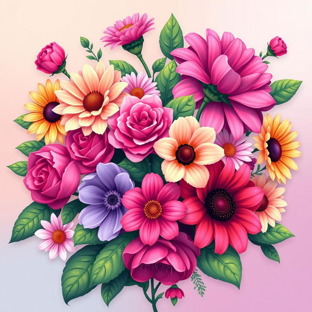 A vibrant, intricate pixel art floral design featuring a variety of blooming flowers such as roses, daisies, and sunflowers, rendered in a colorful and detailed style