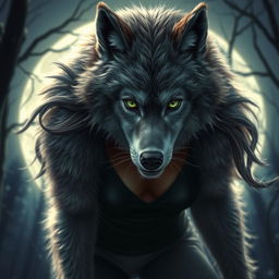 A striking 21-year-old female werewolf with vibrant green eyes, fearlessly exploring the night