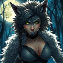 A striking 21-year-old female werewolf with vibrant green eyes, fearlessly exploring the night