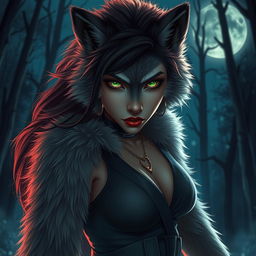 A striking 21-year-old female werewolf with vibrant green eyes, fearlessly exploring the night