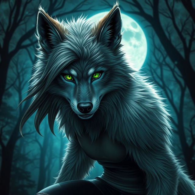 A striking 21-year-old female werewolf with vibrant green eyes, fearlessly exploring the night