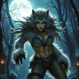 A powerful and alluring 21-year-old female werewolf with striking green eyes, exuding confidence as she fearlessly roams the night