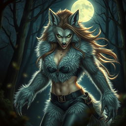 A powerful and alluring 21-year-old female werewolf with striking green eyes, exuding confidence as she fearlessly roams the night