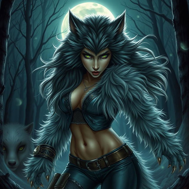 A powerful and alluring 21-year-old female werewolf with striking green eyes, exuding confidence as she fearlessly roams the night