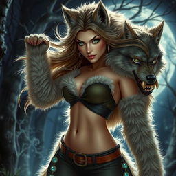 A powerful and alluring 21-year-old female werewolf with striking green eyes, exuding confidence as she fearlessly roams the night
