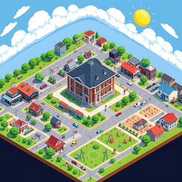 A detailed pixel art city map featuring a large school building at the center, surrounded by various commercial establishments, colorful houses, and a vibrant playground